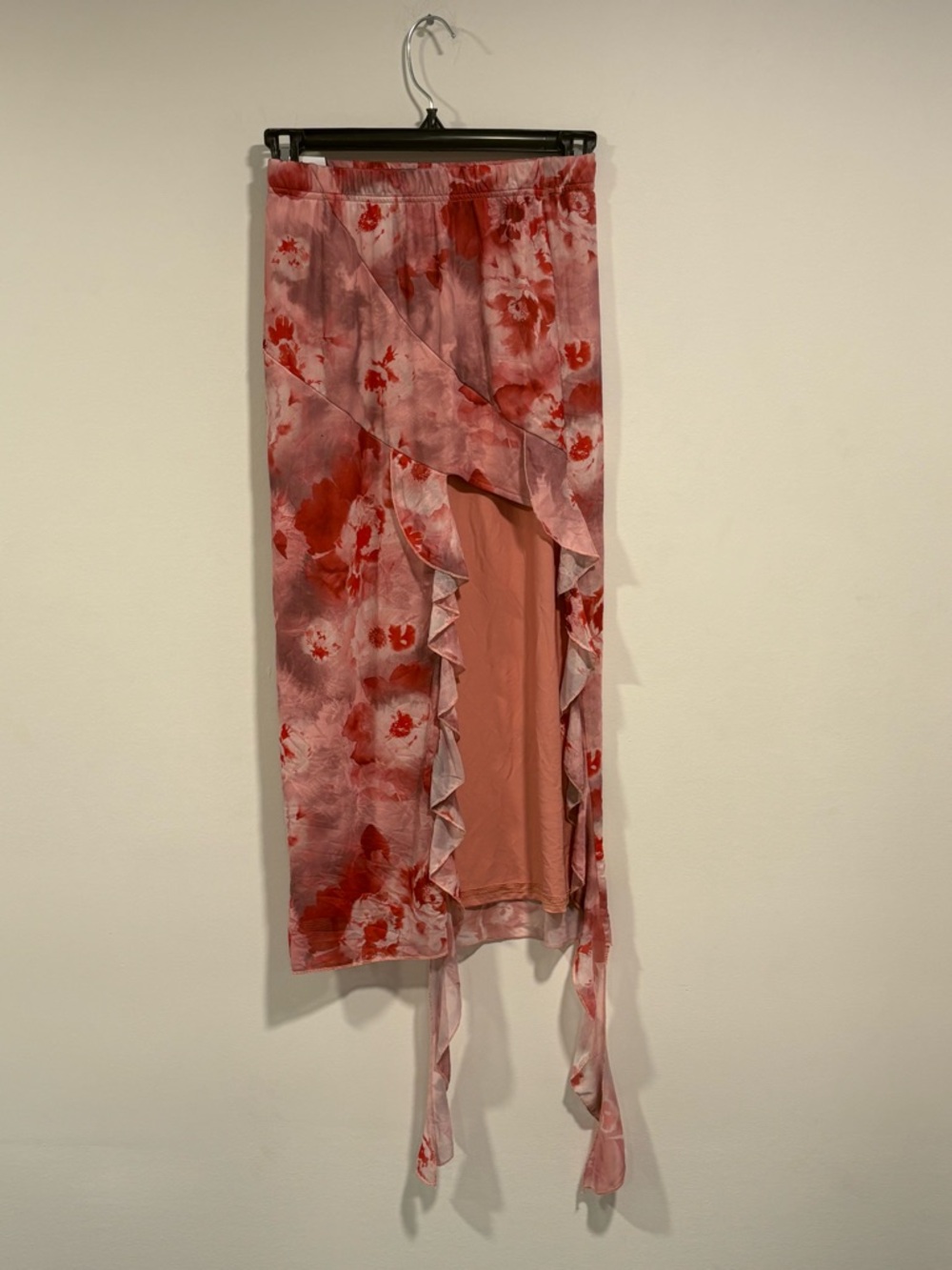SHEIN Pink & Red Floral High-Low Ruffle Wrap Skirt